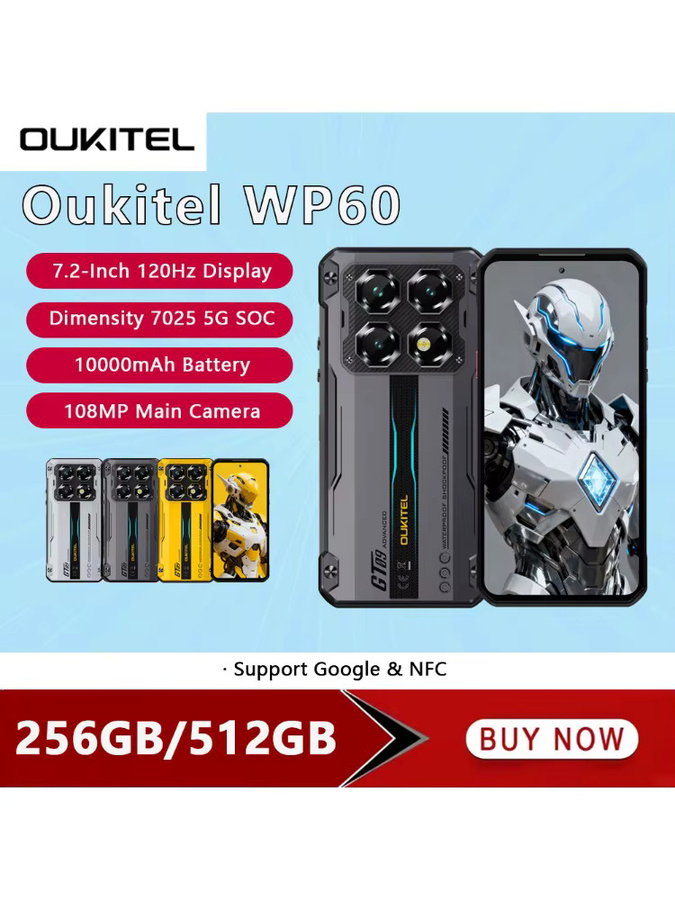 OUKITEL WP60 5G Robustes Smartphone in Schwarz mit Android 15, 7,2 Zoll HD Display, 108 MP Kamera, 10000 mAh Akku und NFC - Bild 5