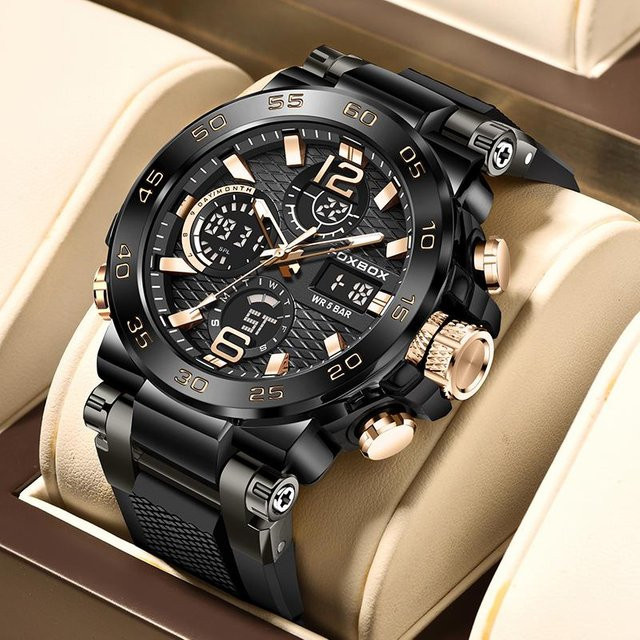 LIGE Armbanduhr Quarz, Edelstahl, Schwarz/Roségold, Herren, 46 mm - Bild 1
