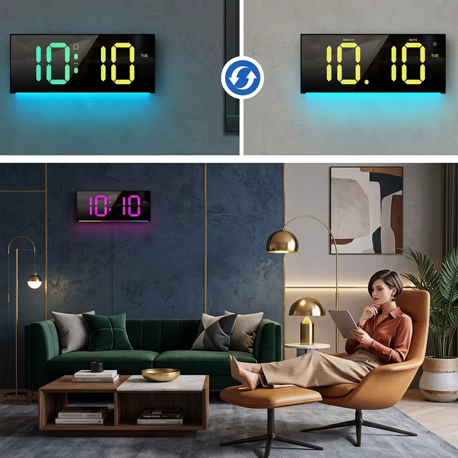 Digitale LED-Wanduhr von LOVOCK in Schwarz mit Fernbedienung und Nachtlicht-Stimmungsbeleuchtung für Wohnzimmer, Büro oder Klassenzimmer - Bild 5