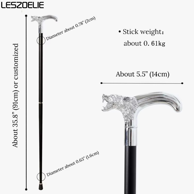 LESZOELIE Gehstock, Wolfskopf, 91 cm, Silber, Unisex - Bild 3
