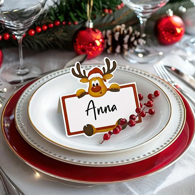 50 Stück Weihnachts-Tischkarten mit Rudolph-Rentier Motiv in Rot und Weiß aus Papier - Bild 1