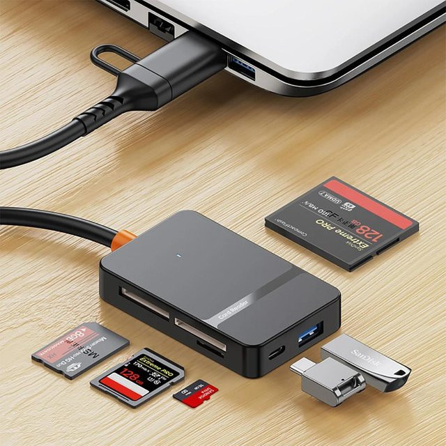 Kebidumei 8 in 1 USB-C Kartenleser mit USB 3.0 für SD TF CF MS Speicherkarten, 5Gbps Hochgeschwindigkeitsübertragung, Schwarz - Bild 1
