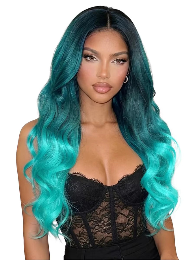 WENYAN Perücke, Body Wave, 26 Zoll, blaugrüne Ombre, hitzebeständiges Kunsthaar, Damen - Bild 5