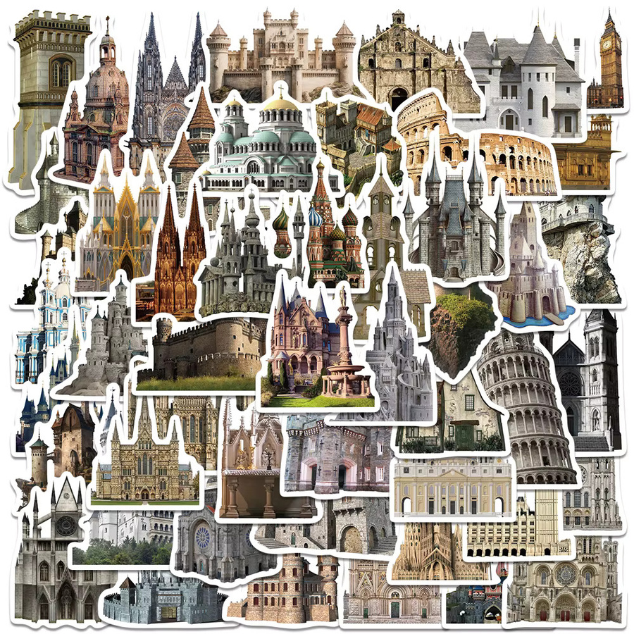 50 Stück Retro Aufkleber mit mittelalterlicher Burg Architektur für Tagebuch und DIY Dekoration, Mehrfarbig - Bild 4