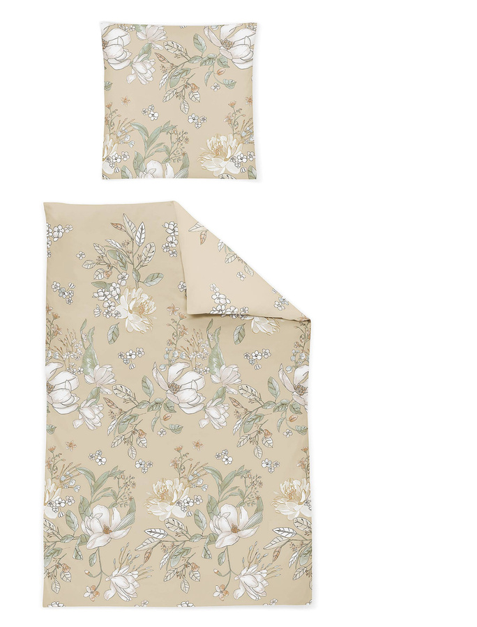 Irisette Nova Mako-Satin Bettwäsche mit floralem Blütenmuster in Beige und Weiß, B/H: 135 x 200 cm und 80 x 80 cm - Bild 1