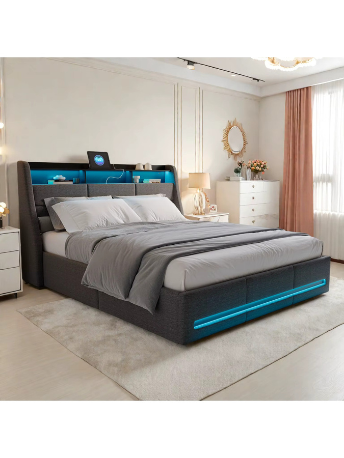 Rosahqnda Polsterbett in Grau mit Stauraum, LED-Kopfteil und USB-Ladefunktion, B/T: 140 x 200 cm - Bild 5
