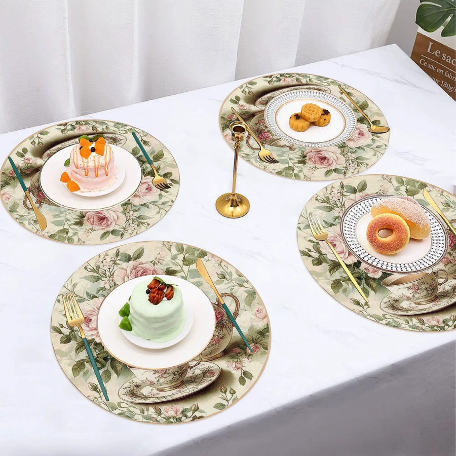 VIKAMA 4er-Set Platzsets im Retro-Rosen-Design, floral und romantisch, Pink/Mehrfarbig, Rund - Bild 2