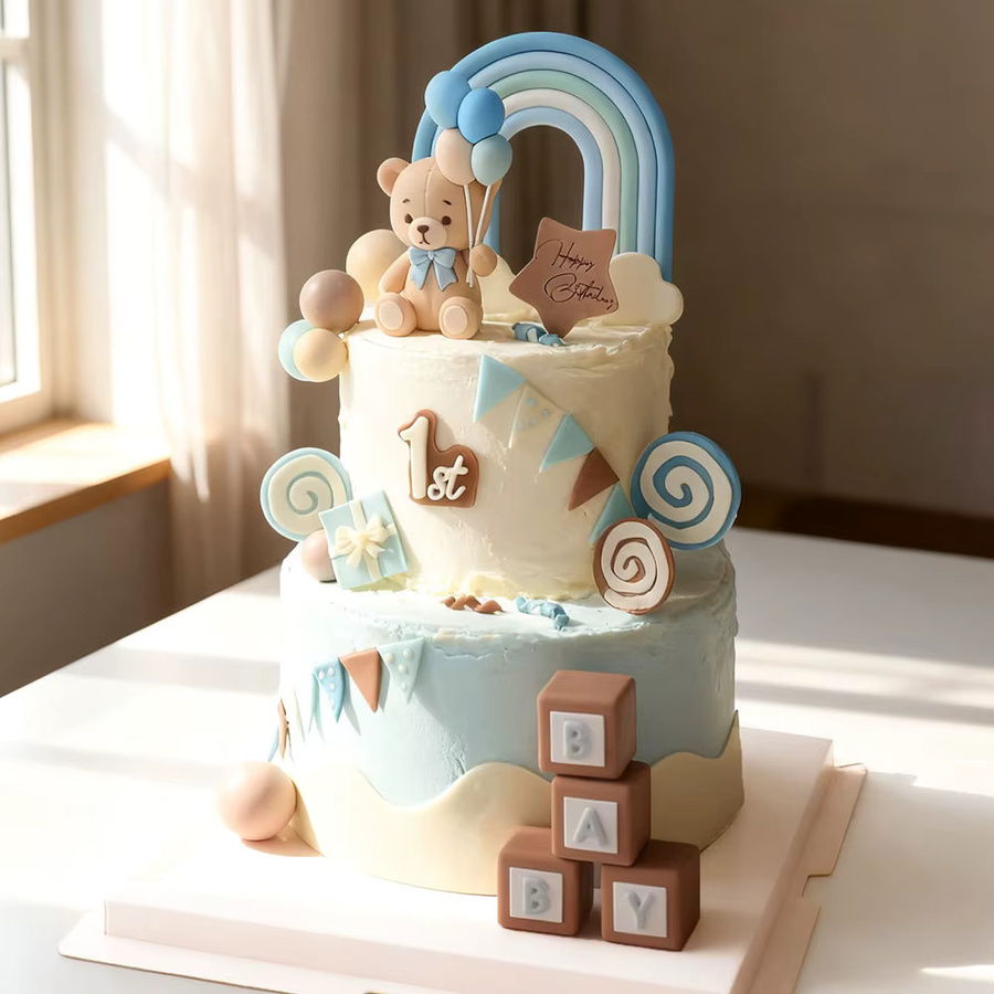 Set aus blauen Luftballon-Bär-Kuchenaufsätzen mit Regenbogen-Schaumstoffbällen für Geburtstag und Babyparty - Bild 2