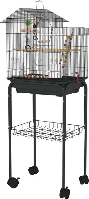 PawHut Vogelkäfig mit Ständer und Rollen in Schwarz, Vogelvoliere mit Netzregal, Schaukel, Näpfen und Spielzeug, H x B x T: 120 x 46 x 36 cm, Aosom - Bild 1