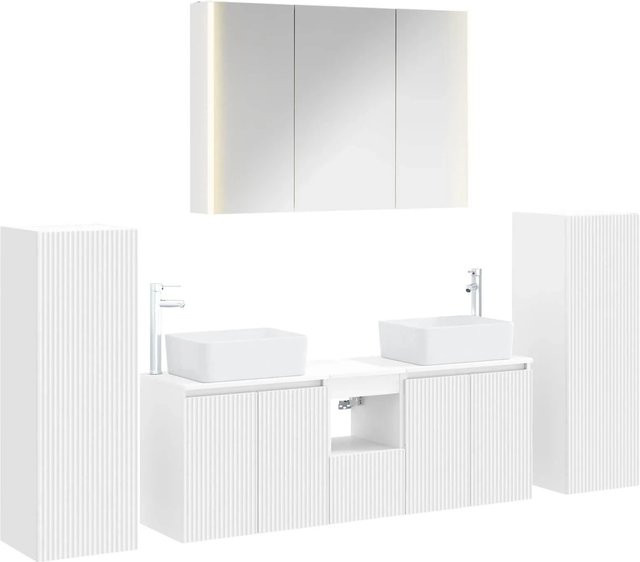 6-teiliges modernes Badezimmermöbel-Set von vidaXL in Weiß aus Ingenieurholz und Glas mit LED-Beleuchtung und Spiegelschrank - Bild 1