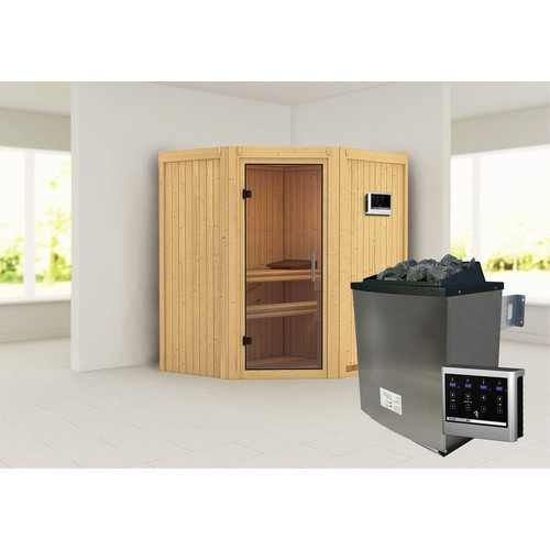 Karibu Sauna Narva in Beige mit 9 kW Saunaofen und externer Steuerung für 3 Personen, Fichte - Bild 2