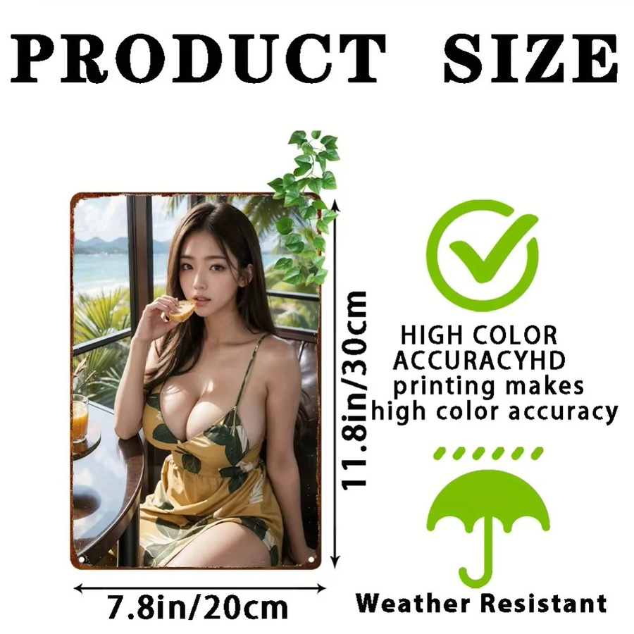 HELLOYOUNG Retro Anime Girl Metall Wandkunst mit Tropical Beach Leaf Motiv, Weiß und Mehrfarbig, Breite: 20,32 cm, Höhe: 30,48 cm - Bild 3