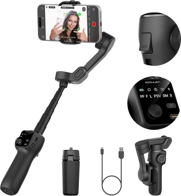 AOCHUAN Smart V8 3-Achsen-Hand-Gimbal-Stabilisator mit Verlängerungsstange und Stativ in Schwarz für iPhone und Android mit Gesichtsverfolgung für Livestreaming und Vlog - Bild 1