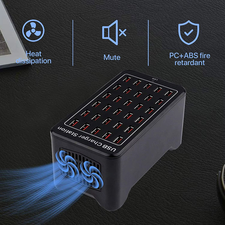 150W USB-Schnellladestation mit 15 25 oder 30 Ports für Wand und Tisch, USB-A und USB-C, Schwarz - Bild 3