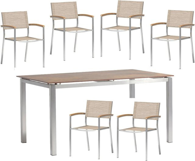 Acamp Loungemöbel-Gruppe Skye bestehend aus 6 Stapelsesseln und 1 Tisch in Braun und Sand mit Edelstahl und HPL-Laminat, Tisch B: 150 cm, T: 90 cm, H: 89 cm - Bild 1