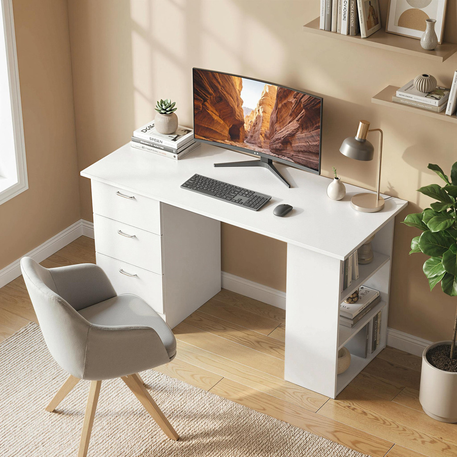 HOMCOM Schreibtisch als Computertisch und Arbeitstisch mit Regalen und 3 Schubladen in Weiß, B/T/H: 120 x 49 x 72 cm - Bild 2