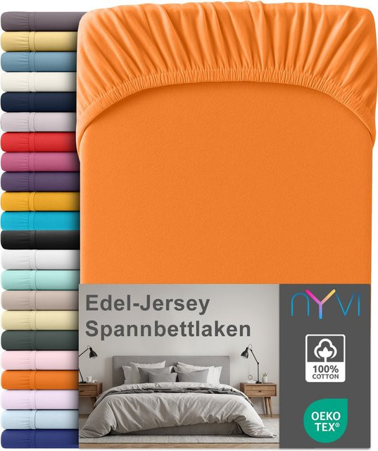 NYVI Edel Jersey Spannbettlaken Deluxe aus 100% supergekämmter Baumwolle, Orange, B/T: 180 x 200 cm, passend für Matratzen bis 25 cm Steghöhe - Bild 1