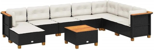 vidaXL 9-tlg Garten-Sofagarnitur in L-Form aus Polyrattan und Akazienholz mit Kissen, Schwarz und Cremeweiß - Bild 1