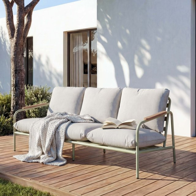 MCW Aluminium-Gartenbank O11 Outdoor 3-Sitzer mit Olefin-Stoff in Hellgrün und beigen Polstern, Breite: 184 cm - Bild 1