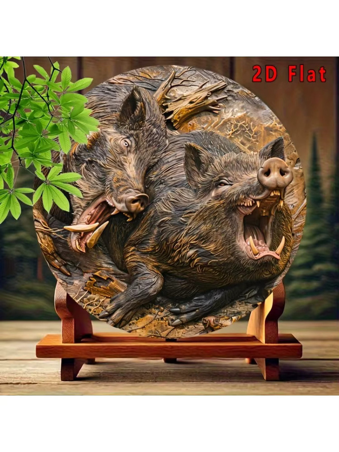 Potdemiel Vintage Wildschwein Wandkunst Dekoratives Metallschild Rund, Durchmesser: 20 cm, Mehrfarbig - Bild 4