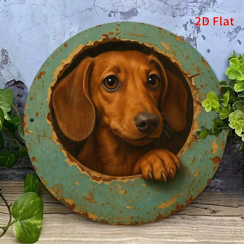 Potdemiel Rundes Metallschild Vintage Dackel Peeking from Hole Durchmesser: 20 cm, Farbe: Braun - Bild 3