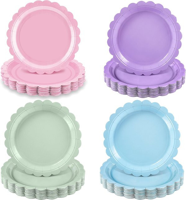 JIATA Einweg-Partyteller in Blütenblattform aus Papier, Blau und Rosa, Durchmesser: 17,78 cm - Bild 1