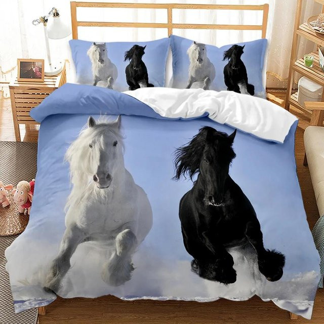 Bettwäsche-Set Your Warm Home mit 3D-Wildpferde-Motiv in Braun und Blau, bestehend aus 1x Bettbezug und 2x Kissenbezügen aus Polyester, Breite: 140 cm, Länge: 210 cm - Bild 1