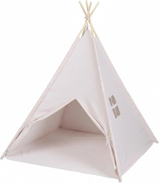 Relaxdays Spieltipi aus Holz und Polyester in Beige Natur mit Bodenmatte, H x B x T: 158 x 125 x 125 cm - Bild 1