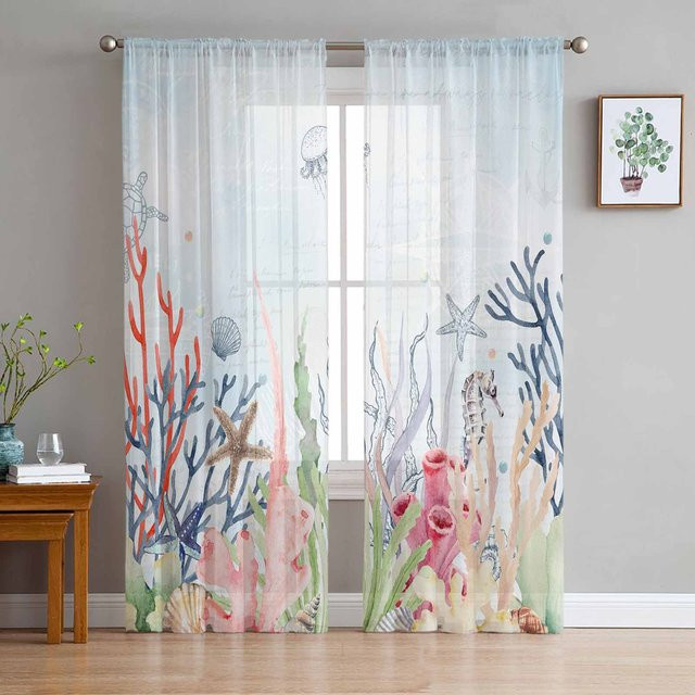 Transparente Tüll-Vorhänge mit Sommer Ozean Motiv in Koralle und Multicolour, Organza-Fenstervorhänge für Wohnzimmer und Küche, Breite: 135 cm, Höhe: 137 cm - Bild 1