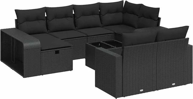 vidaXL 11-teilige Garten-Sofagarnitur in L-Form aus schwarzem Poly-Rattan mit wetterfesten Kissen und pulverbeschichtetem Stahlgestell - Bild 1