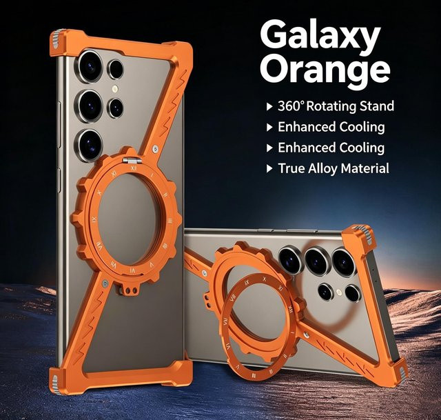 Rahmenlose Metall-Handyhülle mit 360 Grad drehbarem Ständer und MagSafe für Samsung Galaxy S26 S25 S24 S23 S22 Ultra in Orange - Bild 1
