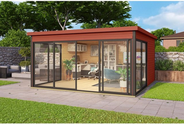 Lasita Holz-Gartenhaus Domeo 5 mit Flachdach in Schwedenrot lasiert in Blockbohlenbauweise mit modernem Design, B/T: 418 x 418 cm - Bild 1