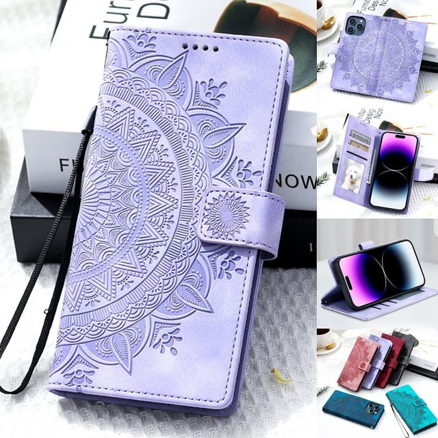Geprägte Totem-Ledertasche als Flip Card Wallet Phone Cover für iPhone in Rot oder Lila - Bild 1