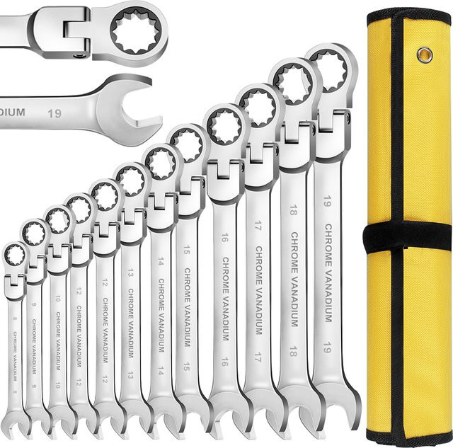 WOZOBUY Ratschenschlüssel-Set mit flexiblem Kopf aus CR-V-Stahl, metrisch 6–22 mm, 72 Zähne, Farbe: Silber, inklusive Organizer-Tasche - Bild 1