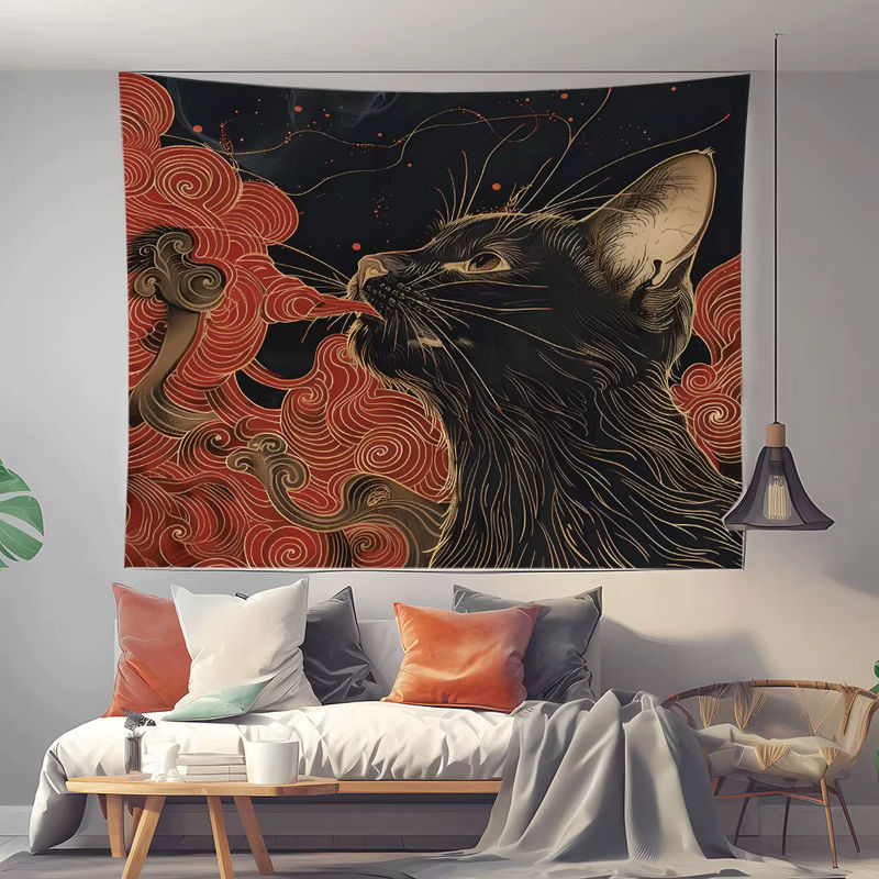RoarGosh Wandteppich aus Textil mit japanischer Ukiyo-e Kunst, Katze und Wellen-Motiv, Mehrfarbig, Breite: 70 cm, Höhe: 70 cm - Bild 3