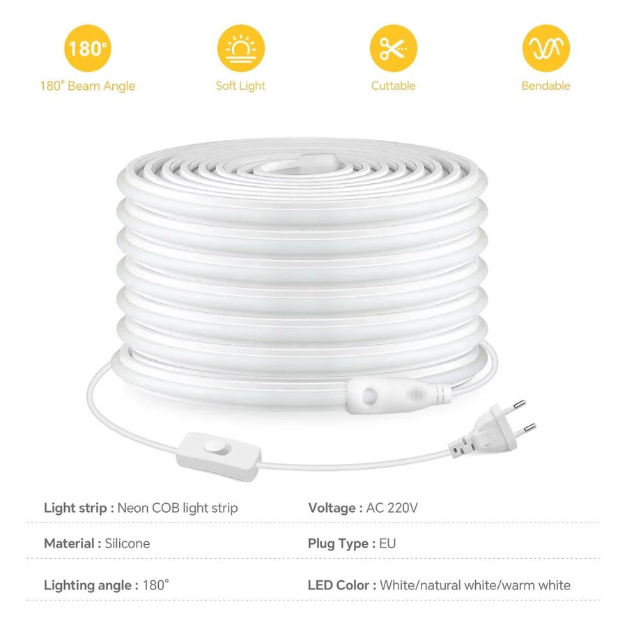 Lcamaw LED Neon Lichtleiste aus reinem Silikon mit COB-Band und 280 LEDs/m, wasserdicht und feuerfest, inklusive 220-V-Schalter und EU-Stecker - Bild 2