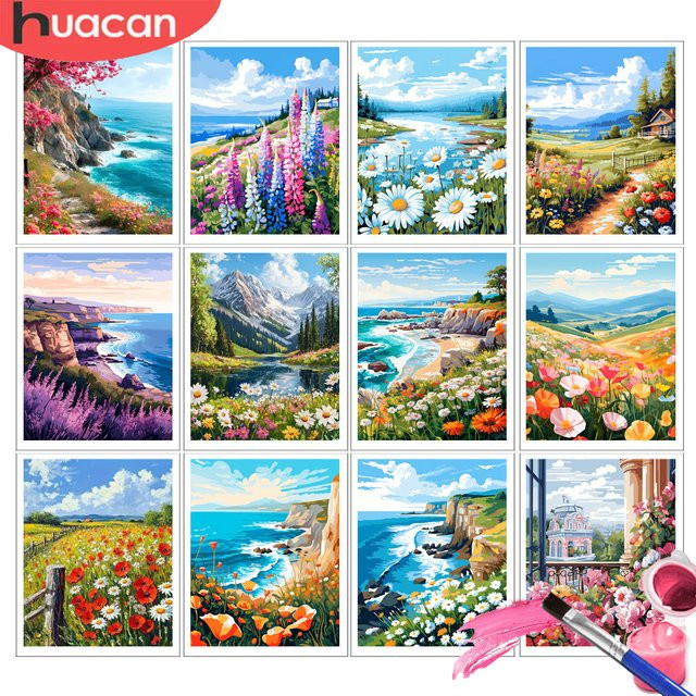 HUACAN Malen nach Zahlen Set mit abstrakter Meereslandschaft und Gänseblümchen als DIY Ölgemälde auf Leinwand in Mehrfarbig - Bild 1