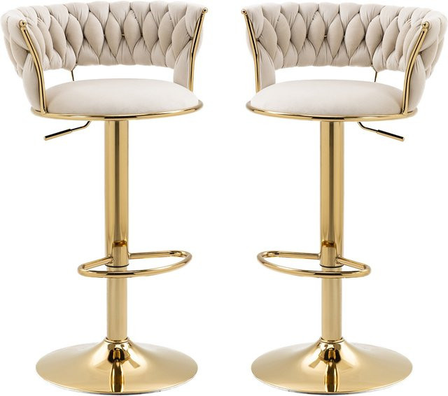 Gomyway Barhocker Set 2 Stück höhenverstellbar mit Lehne 360 Grad drehbar in Samtoptik Elfenbeinweiß und Gold - Bild 1