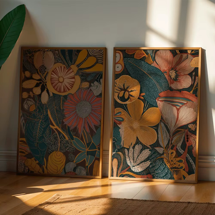 2er-Set rahmenlose Leinwandgemälde von HALFLEMART mit orangefarbenem Sonnenblumenstrauß im Bohemian-Stil, florale Wanddekoration in Multicolour - Bild 2