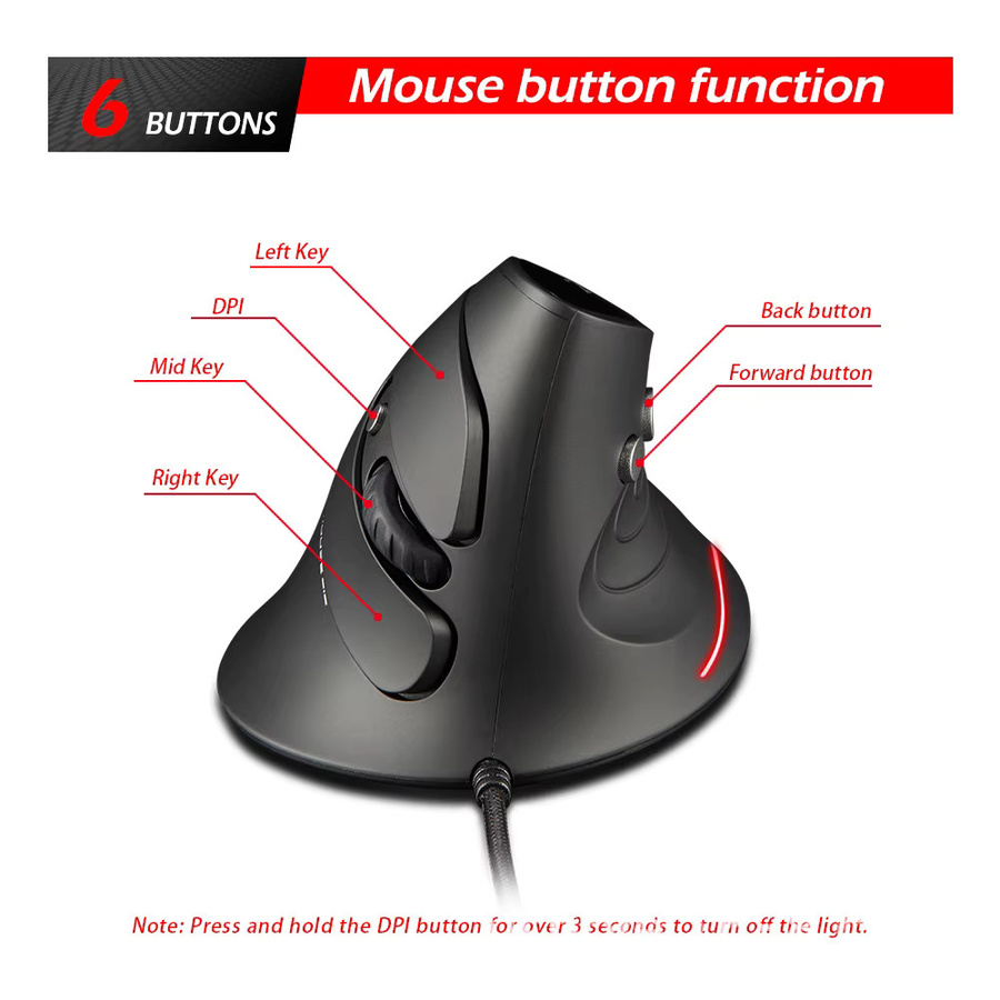 Zelotes T-30 Vertikale Optische Gaming-Maus in Schwarz mit 6 programmierbaren Tasten und 4-stufiger DPI-Einstellung - Bild 2