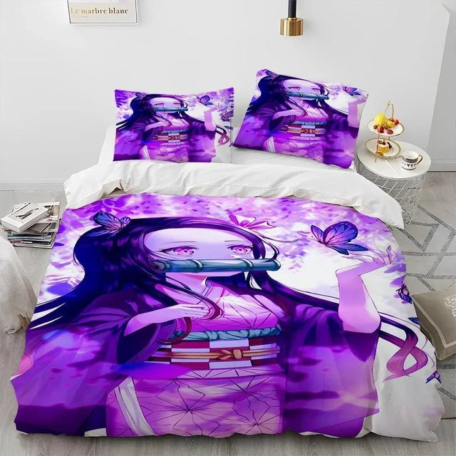 3-teiliges Demon Slayer Anime Bettwäsche-Set aus atmungsaktivem Material in Lila, bestehend aus 1 Bettbezug und 2 Kissenbezügen, Maße: B: 133 cm, H: 70 cm - Bild 1
