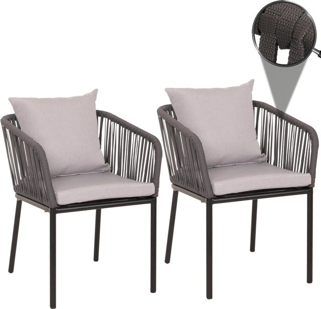 2er-Set Gartenstühle MCW-N41 mit Armlehnen aus Aluminium und Seilgeflecht in Anthrazit inklusive grauer Kissen - Bild 1