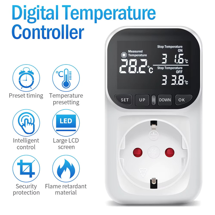 Digitaler Temperaturregler mit LCD-Display und Temperatursensor von JUANJUAN in Blau-Weiß für Heizung und Kühlung - Bild 2