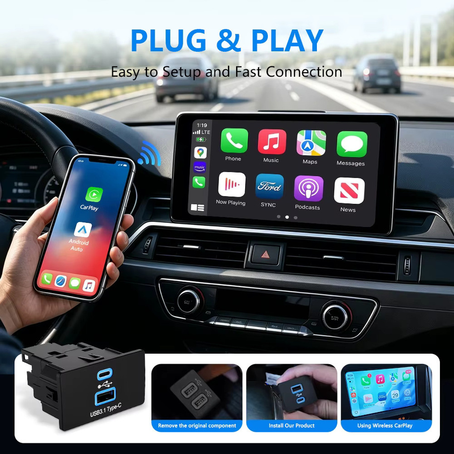 XUDA Wireless CarPlay und Android Auto Upgrade Modul mit 2 USB-C Anschlüssen für Ford und Lincoln Modelle in Schwarz - Bild 4