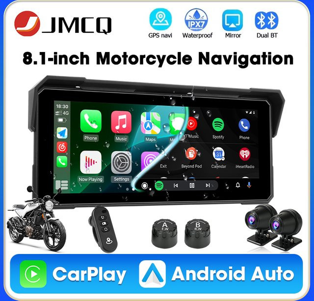 JMCQ Motorrad GPS Navigation mit 8,1 Zoll Display, Drahtlose CarPlay und Android Auto Unterstützung, IPX7 Wasserdicht, Dual Bluetooth, 4K + 1080P DVR Dashcam, Schwarz - Bild 1