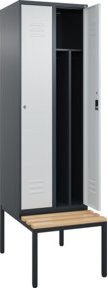 C+P Spind Classic PLUS Garderobenschrank mit Sitzbank, 2 Abteile, B/T/H: 212,0 x 60,0 x 81,5 cm, Zylinderschloss, 4 Garderobenhaken, Trennwand mittig, Buche-Hartholz, Anthrazitgrau/Lichtgrau/Schwarzgrau - Bild 1