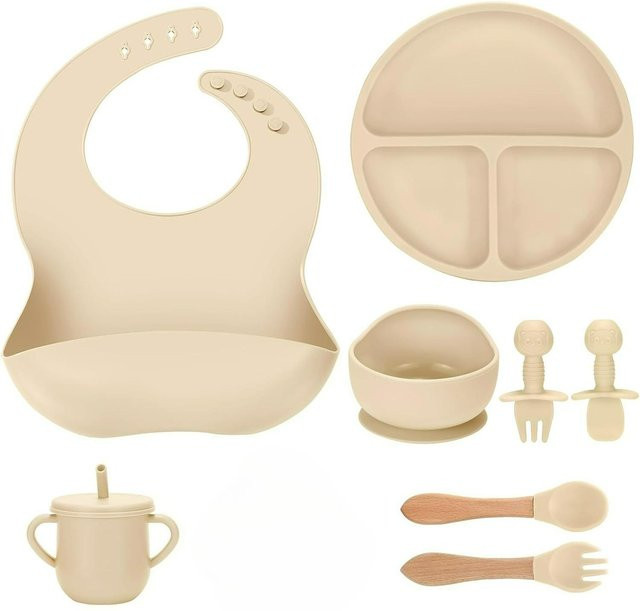 SHTAZKIA Silikon Baby-Essensset 8 Teile in Beige mit Saugplatte, Schüssel, Lätzchen, Löffeln, Gabeln, Holzlöffel, Gabel und Trinkbecher mit Strohhalm - Bild 1