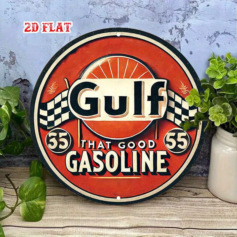 Vintage Gulf 55 Benzin Metallschild aus Aluminium mit kariertem Flaggen-Design, rund, Multicolor, Durchmesser: 20 cm - Bild 3