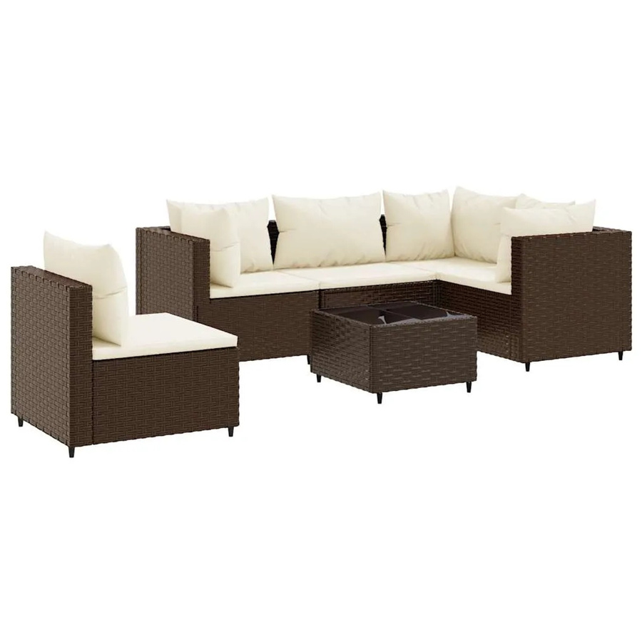 vidaXL 6-tlg Garten-Lounge-Set in L-Form mit Kissen, Braun und Weiß, Poly-Rattan mit Metallgestell und Glastisch - Bild 2