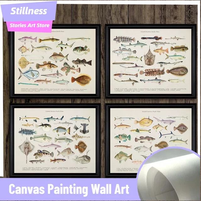 Stillness Stories Vintage Leinwand Poster mit buntem Meeresleben und Fischen aus dem Südlichen Pazifik, rahmenlose Wandmalerei Illustration - Bild 1